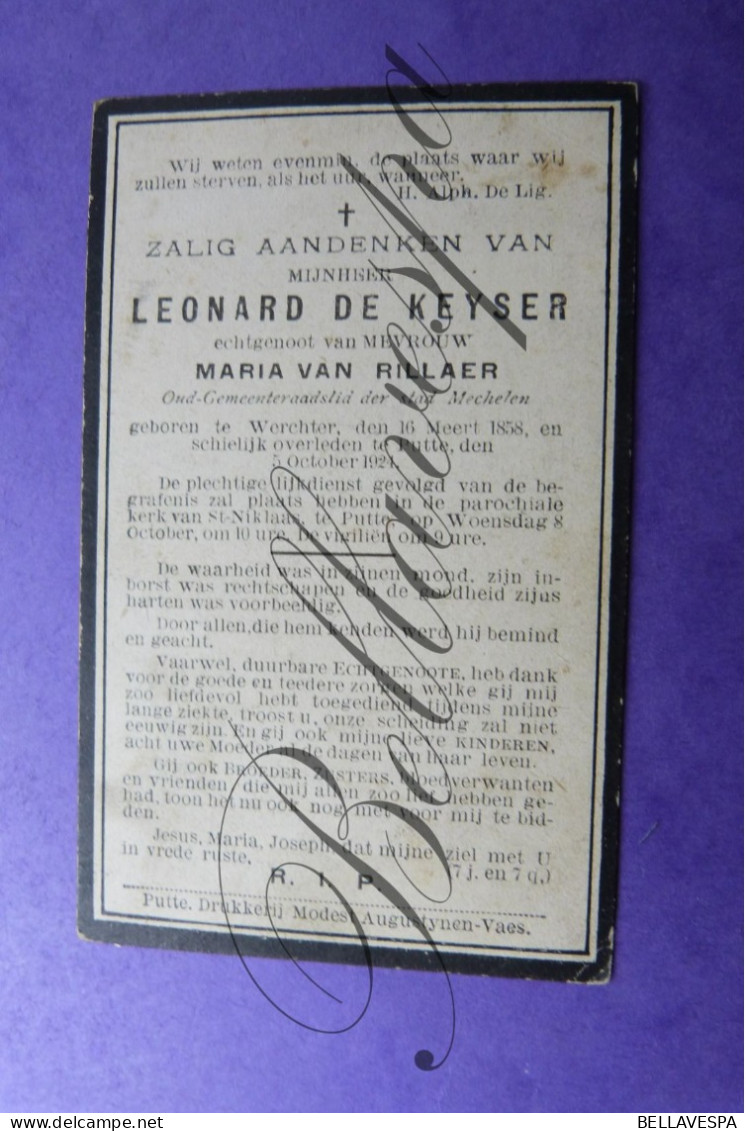 Leonard DE KEYSER Echt M.VAN RILAER Gemeenteraadslid Mechelen  Werchter 1858- Putte 1924 - Décès