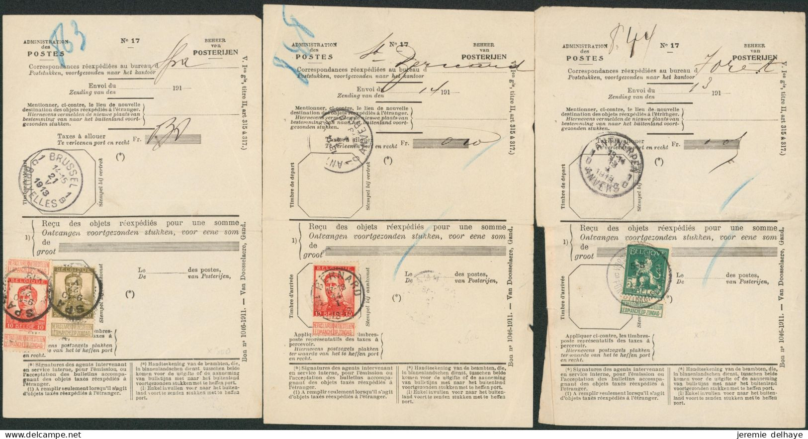 Administration Des Postes (n°17) - Correspondance Réexpédiées X10 émission Pellens. Sélection De Cachet, à Examiner ! - 1912 Pellens