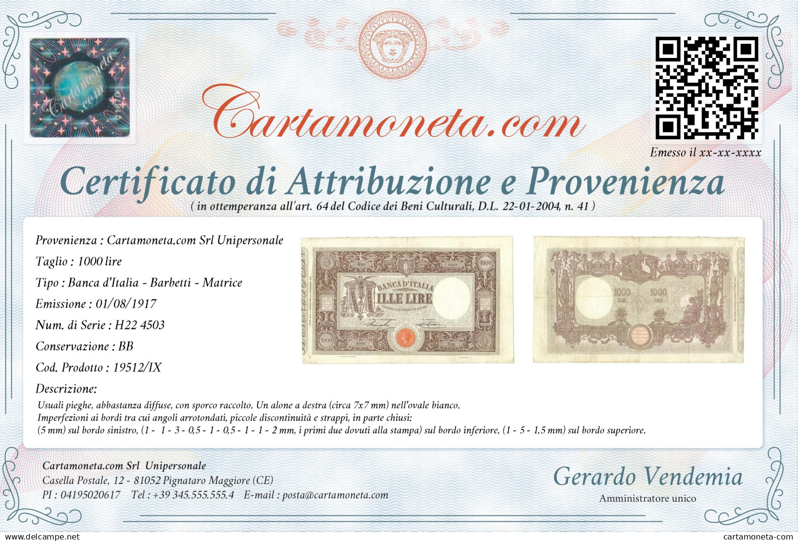 1000 LIRE BARBETTI GRANDE M MATRICE LATERALE TESTINA DECRETO 01/08/1917 BB - Regno D'Italia – Autres