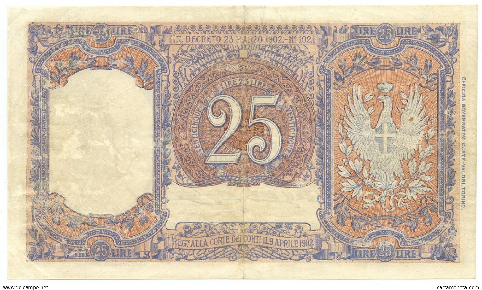 25 LIRE BIGLIETTO DI STATO EFFIGE VITTORIO EMANUELE III 23/03/1902 BB+ - Andere