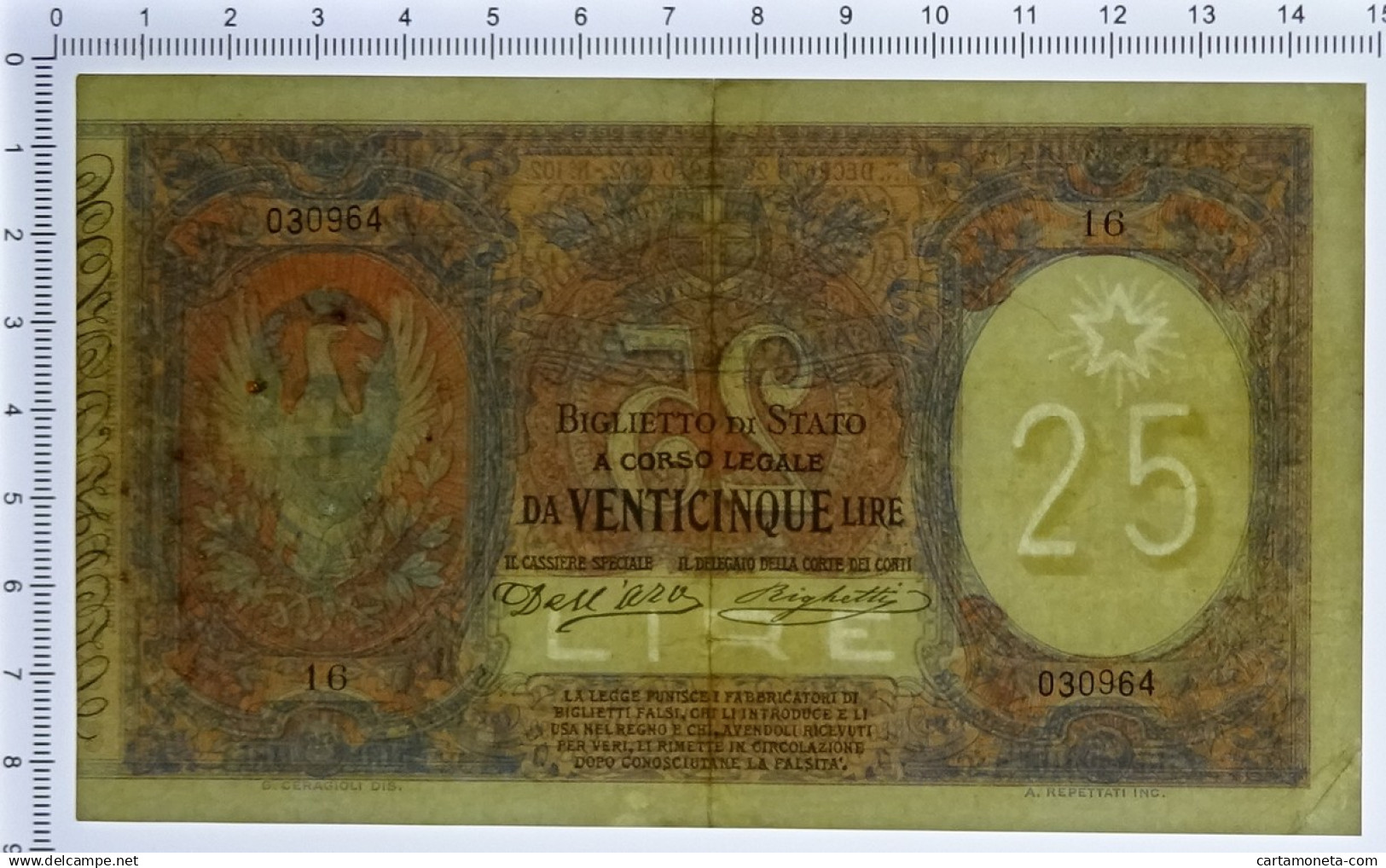 25 LIRE BIGLIETTO DI STATO EFFIGE VITTORIO EMANUELE III 23/03/1902 BB+ - Andere