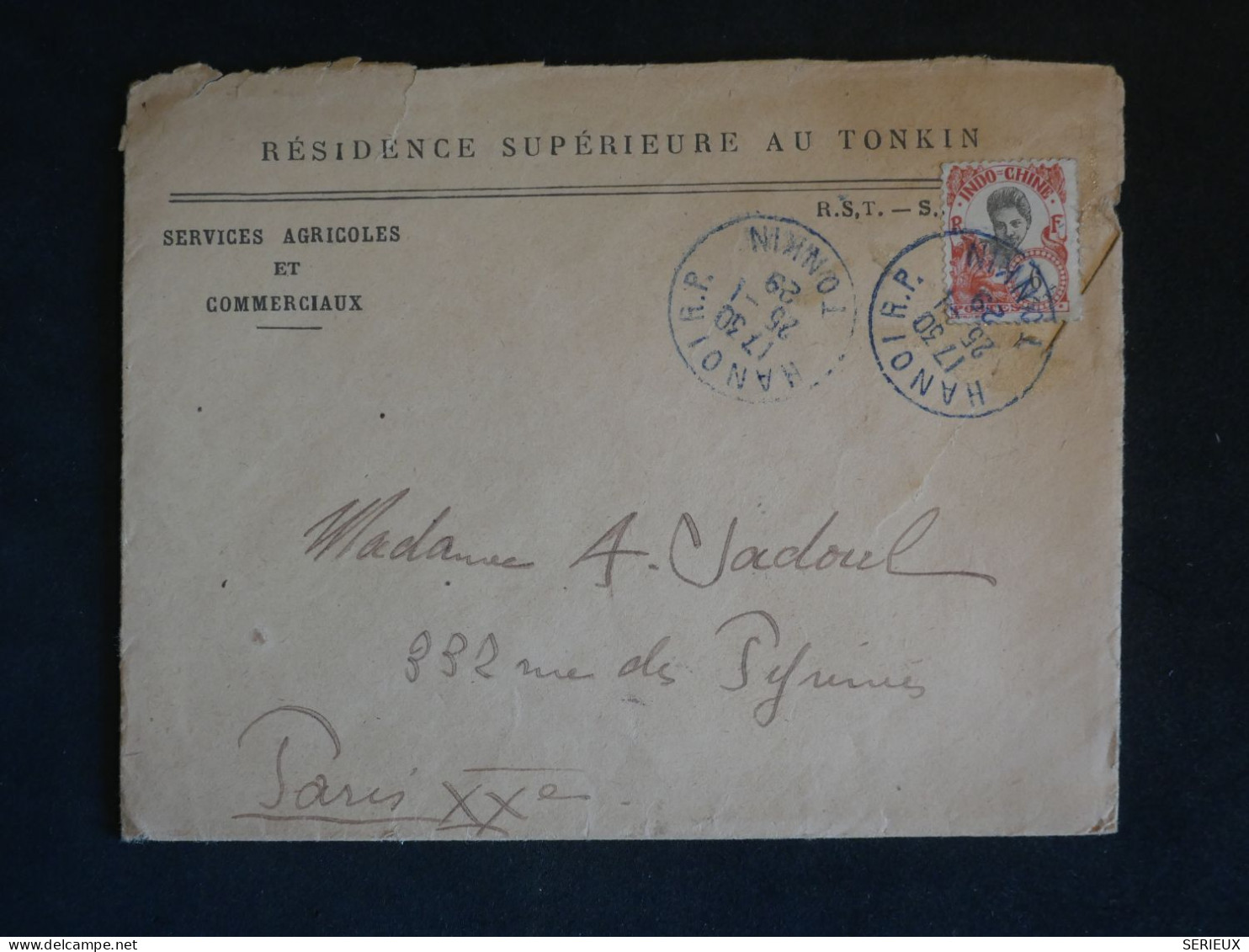 DC6 INDOCHINE BELLE LETTRE  PRIVEE TONKIN 1929  PAR AVION HANOI A PARIS FRANCE  + CACHETS BLEUS +AFF. INTERESSANT+  ++ - Lettres & Documents