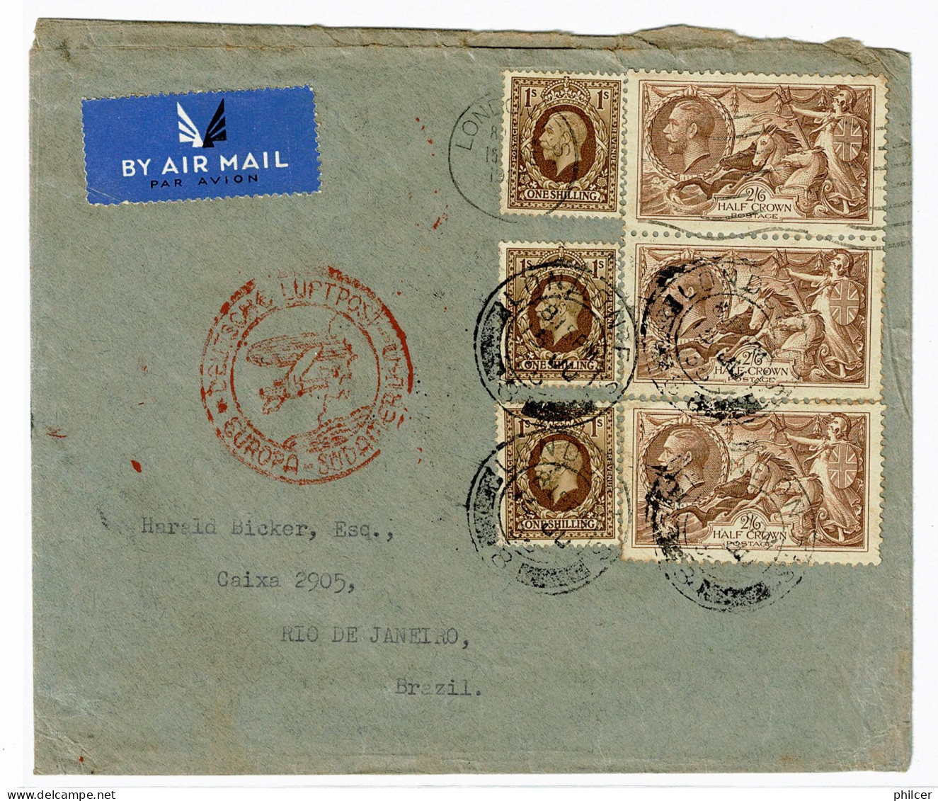 Great Britain, 1938, # SG 395, 399, London- Rio De Janeiro - Covers & Documents