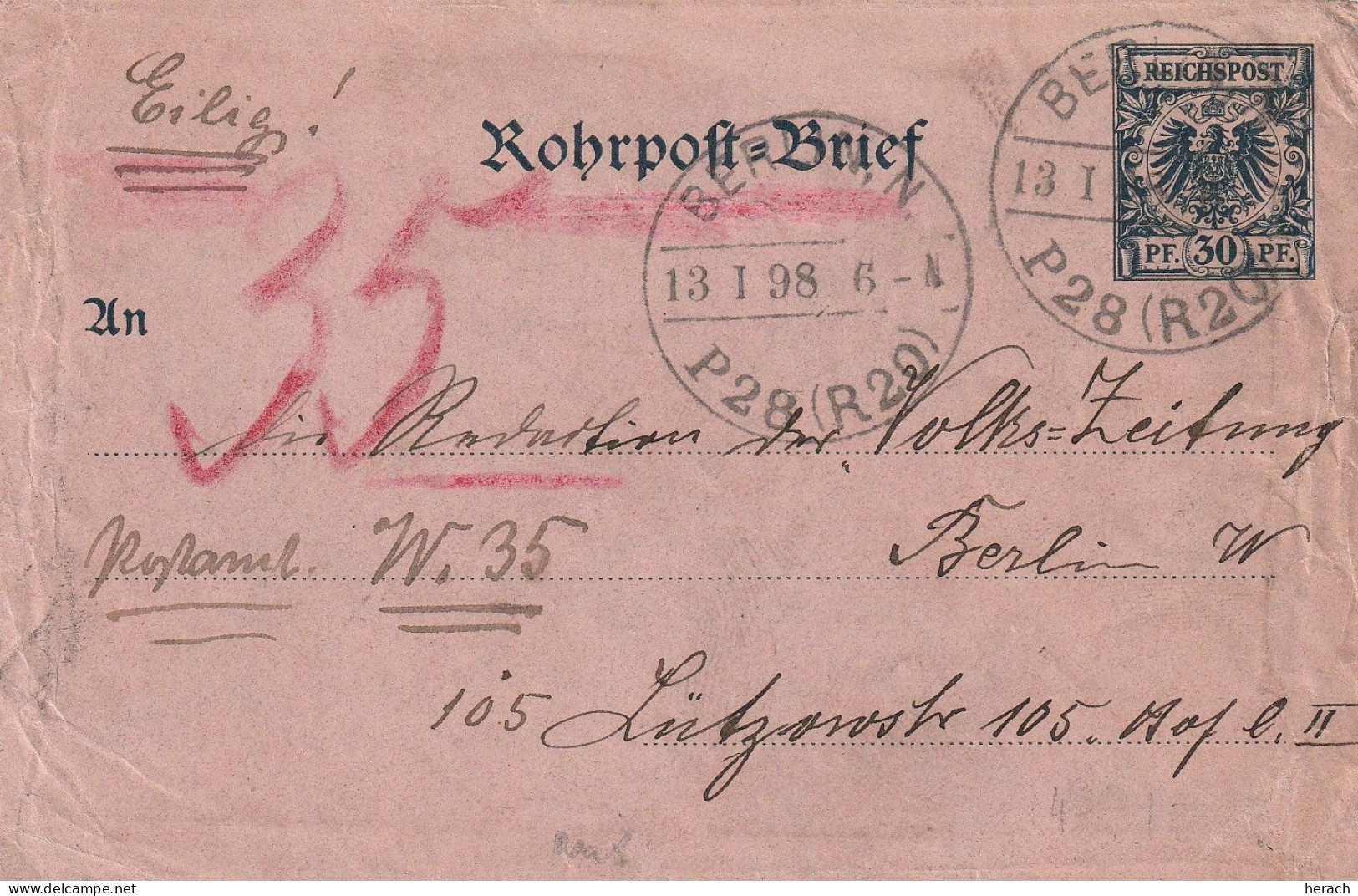 Allemagne Entier Postal Pneumatique Berlin 1896 - Omslagen