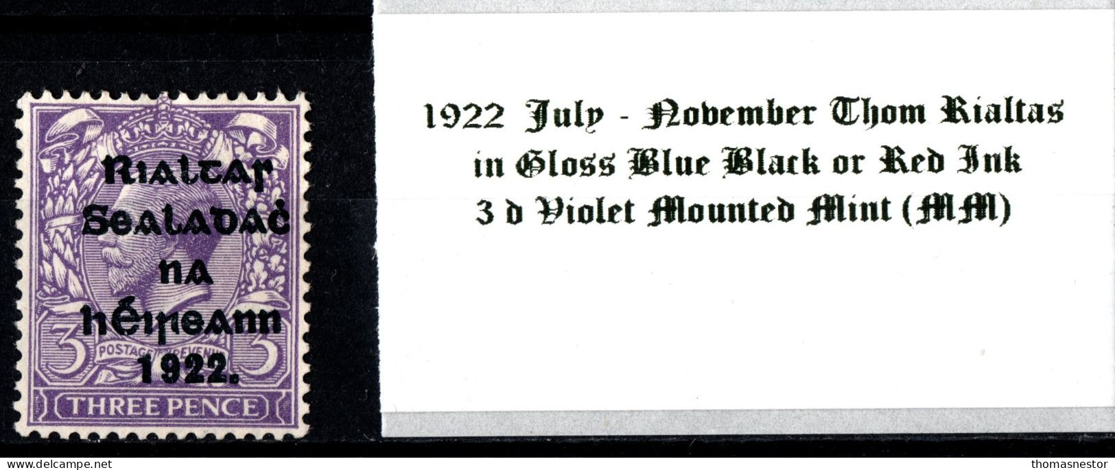 1922 July-November Thom Rialtas 5 Line Overprint In Shiny Blue Black Or Red Ink 3 D Violet Mounted Mint (MM) - Ungebraucht