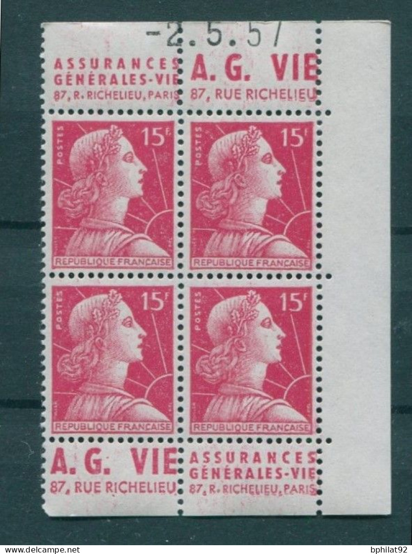 !!! 15 F MARIANNE DE MULLER BLOC DE 4 AVEC PUBS AG VIE  ET COIN DATE NEUF ** - 1950-1959