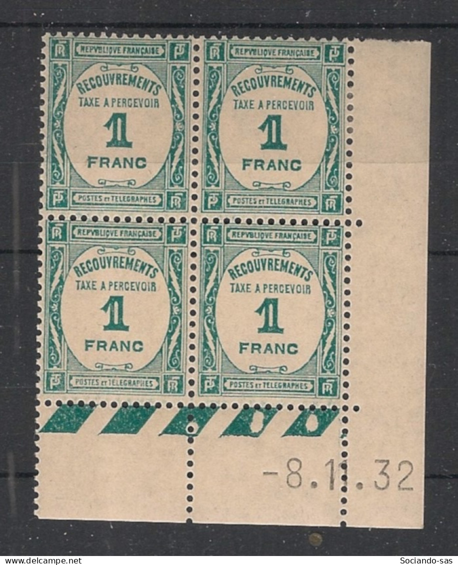 FRANCE - 1932 - Taxe TT N°YT. 60 - Recouvrements 1f Bleu-vert - Bloc De 4 Coin Daté - Neuf**/* - Segnatasse