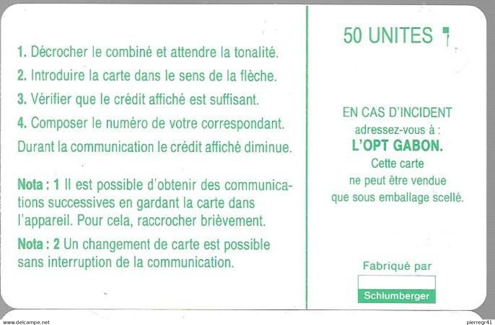 CARTE-PUCE-GABON-50U-SC5- CARTE-VERT -PLAN NUMEROTAGE-V° AVEC TGN° C40100973-Utilisé-TBE - Gabon