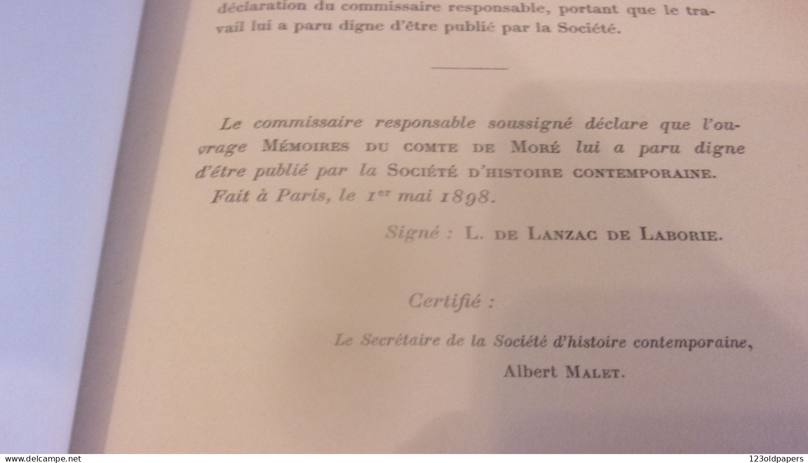 1898 Mémoires du Comte De Moré (1758-1837)  Moré de Pontgibaud / AUVERGNE GUERRE INDEPENDANCE US LA FAYETTE / EX LIBRIS