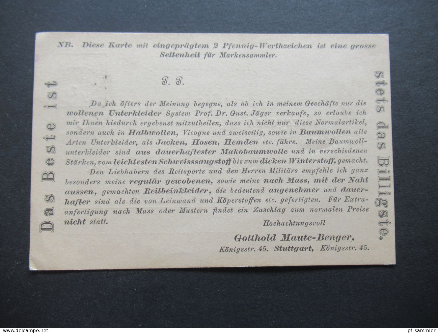 Alteutschland Württemberg 19.3.1895 GA / Drucksache / Bedruckte PK Gotthold Maute Benger Stuttgart Als Orts PK - Postwaardestukken