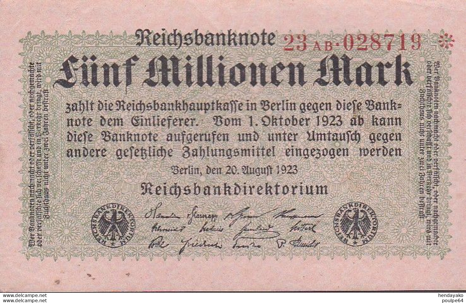 Billet Allemagne - 5 Millionen Mark - 1er Ctobre 1923 - 5 Millionen Mark