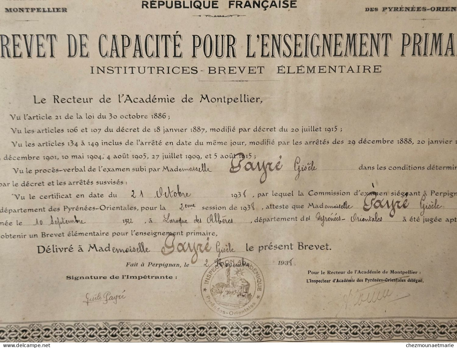 BREVET ENSEIGNEMENT INSTITUTRICE GISELE PAYRE NEE A LAROQUE DES ALBERES EN 1922 PYRENEES ORIENTALES - Carte Geographique