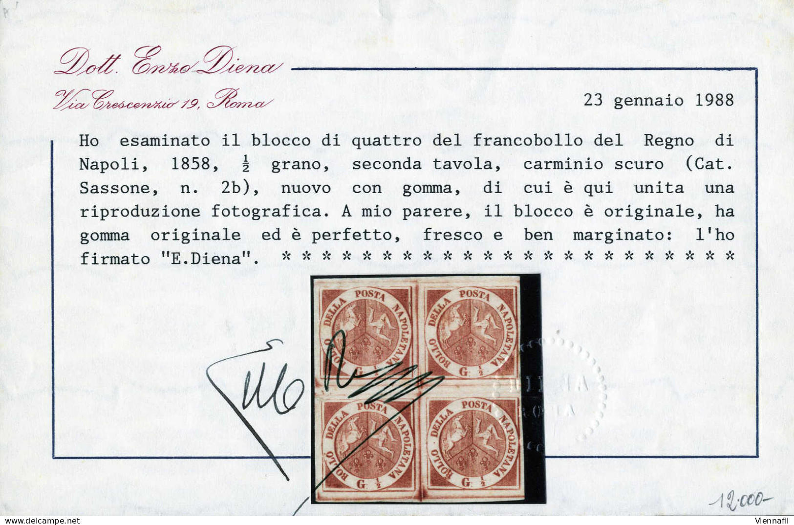 * 1858, Quartina Gr.1/2 Carminio Scuro 2a Tavola (2b Cat.70000) Nuova Con Gomma Originale, Ben Marginata, Cert.E.Diena E - Neapel