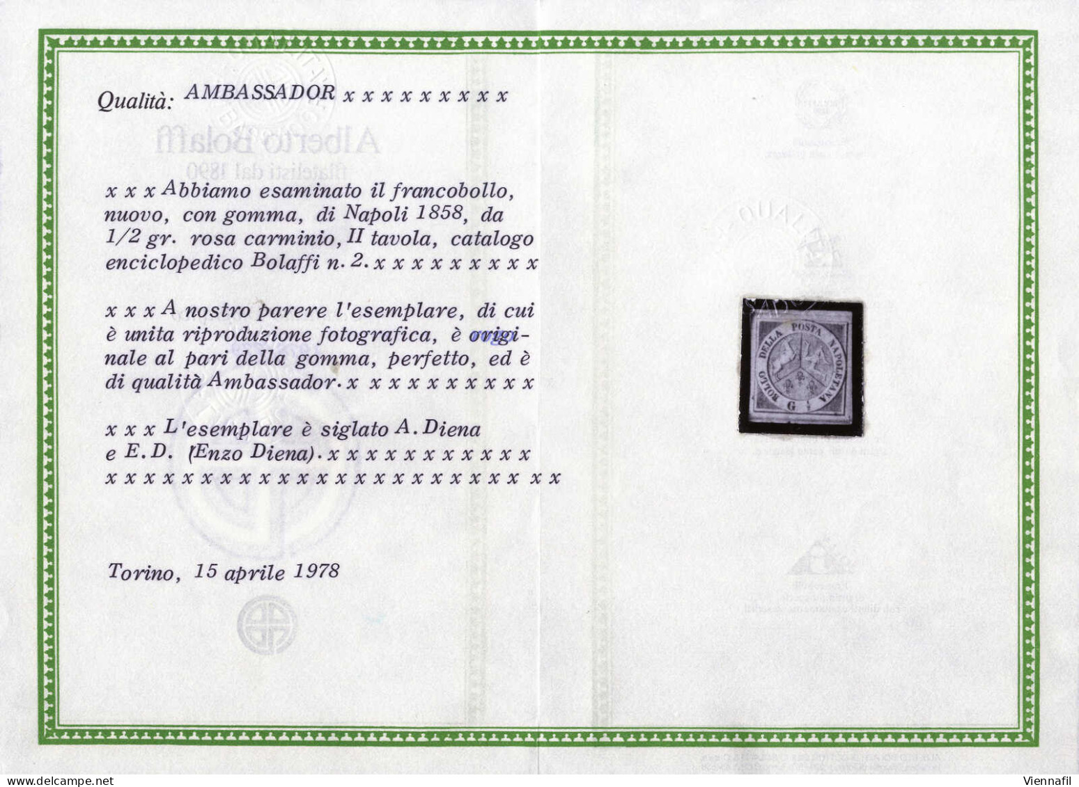 * 1858, ½ Gr. Carminio Vivo II Tavola, Nuovo Con Gomma Originale, Firmata AD, ED, Cert. Bolaffi E Colla, Sass. 2a / 1500 - Neapel