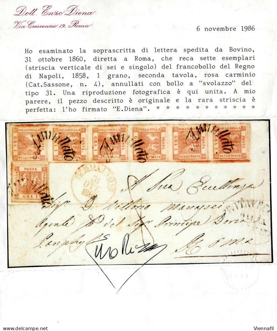 Cover 1858, 1 Gr. Rosa Carminio, II Tavola, Striscia Di Sei Più Singolo Su Soprascritta Da Bovino 31.10.1860 Via Civitav - Neapel