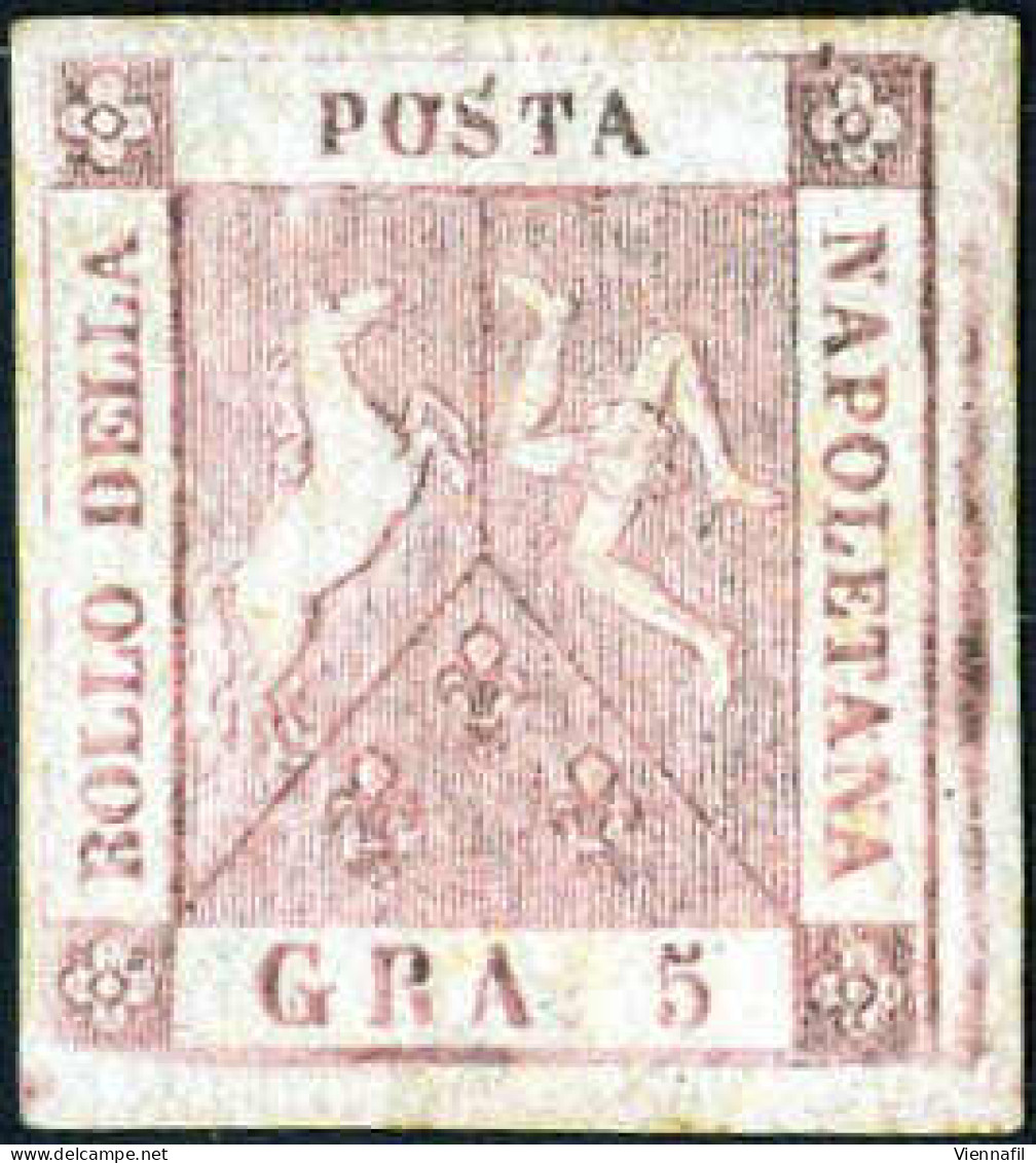 * 1858, 5 Gr. Rosa Brunastro I Tavola, Nuovo Con Gomma Originale, Cert. Biondi, Sass. 8 / 12000,- Michel 4 - Neapel