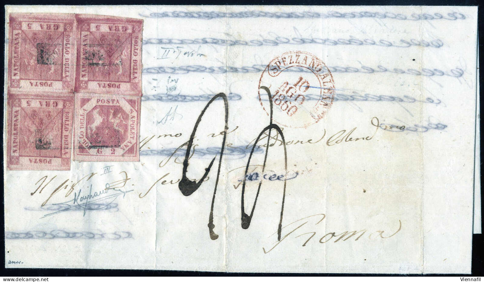 Cover 1860, Lettera Affrancata Con Gr.2 IIIa Tavola Rosa Carminio - Blocco Di Tre A Seggiola Del Gr.5 LIa Tavola Carmini - Neapel