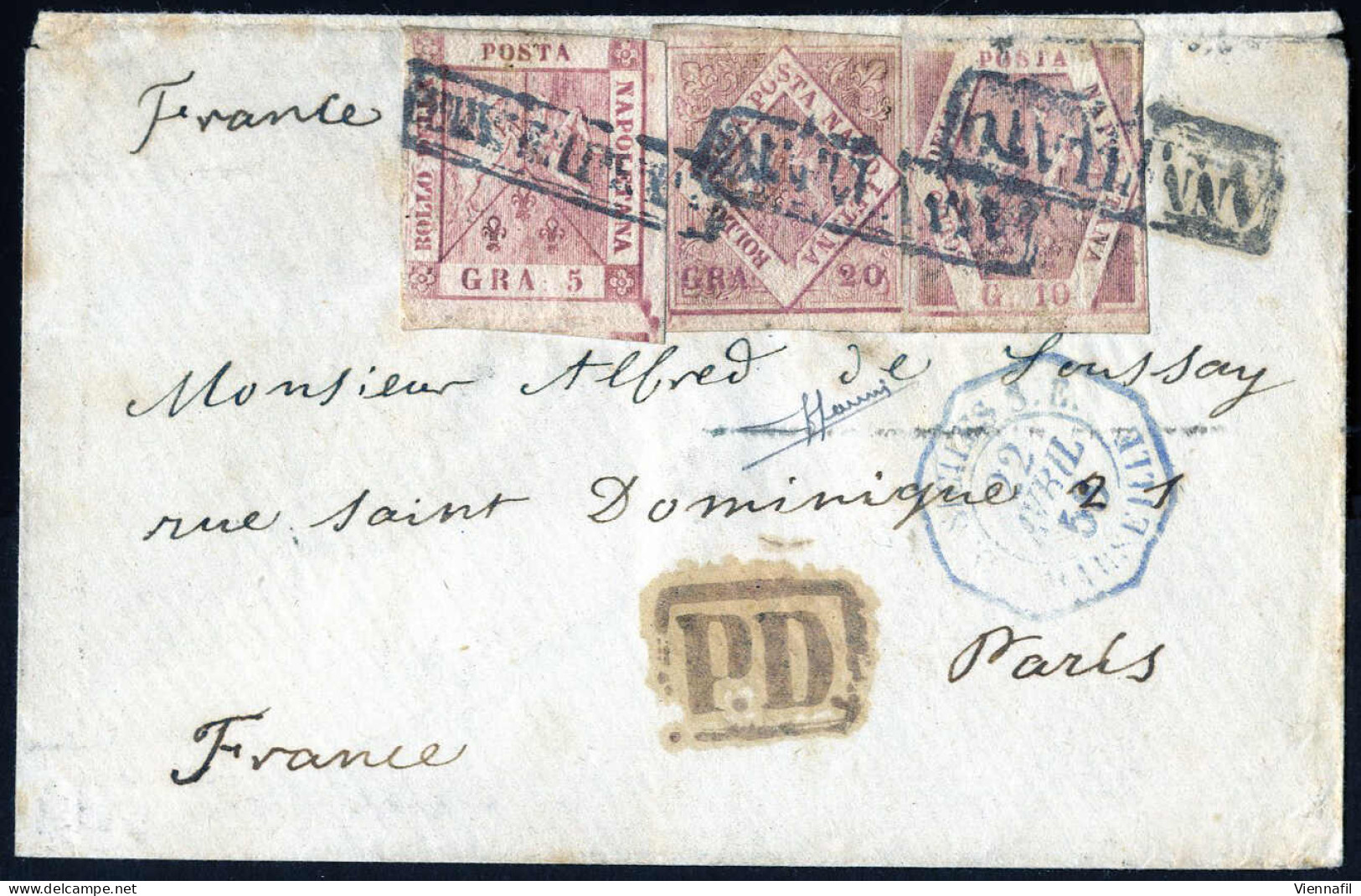 Cover 1858, Lettera Da Napoli Il 17.4 Per Parigi (Francia) Affrancata Tricolore Con 5 Gr. Rosa Brunastro I Tavola, 10 Gr - Neapel