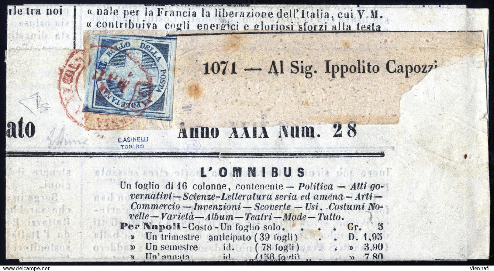 Piece 1861, Crocetta, Frammento Di Giornale Da "Partenze Da Napoli" In Rosso (Punti 12) Del 5.3 Affrancata Con ½ T. Azzu - Napels