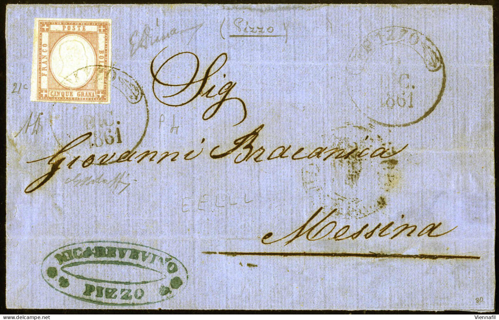 Cover 1861, Lettera Da Pizzo Del 9.12 Per Messina Affrancata Con 5 Gr. Lilla (Province Napolitane), Firmata Emilio E AD, - Neapel
