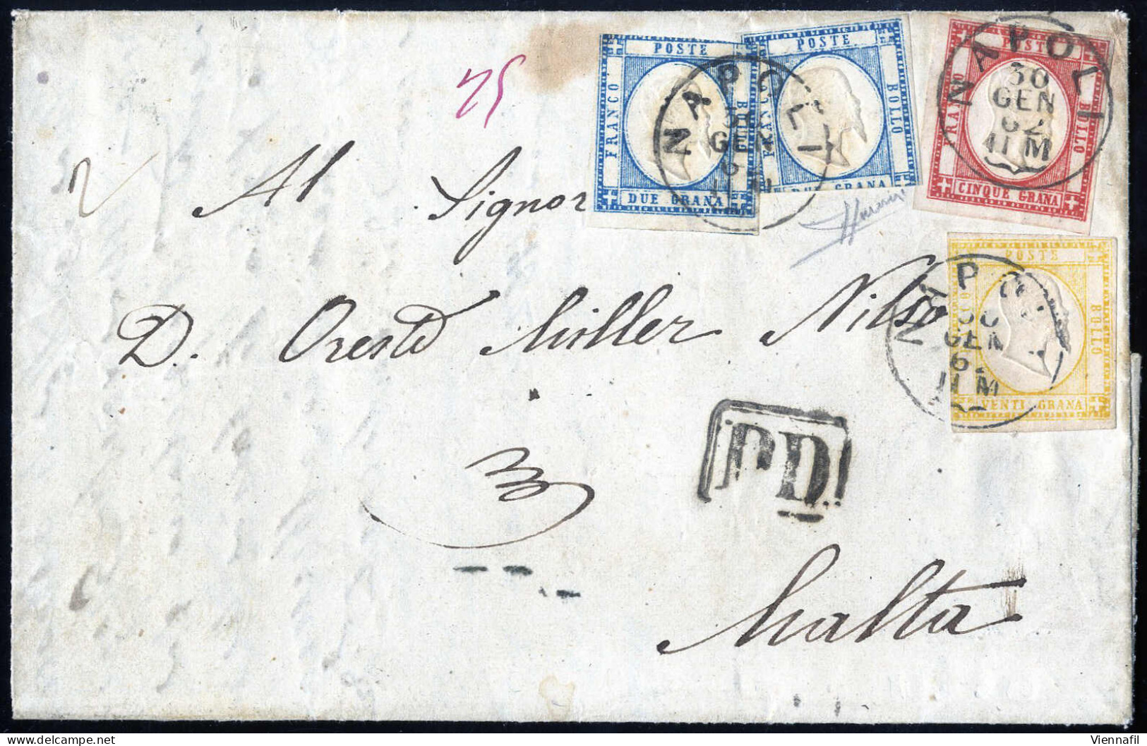 Cover 1862, Lettera Da Napoli Del 30.1 Per Malta Affrancata Per 29 Grana Tricolore Con Due 2 Gr. + 5 Gr. E 20 Gr. (Provi - Neapel