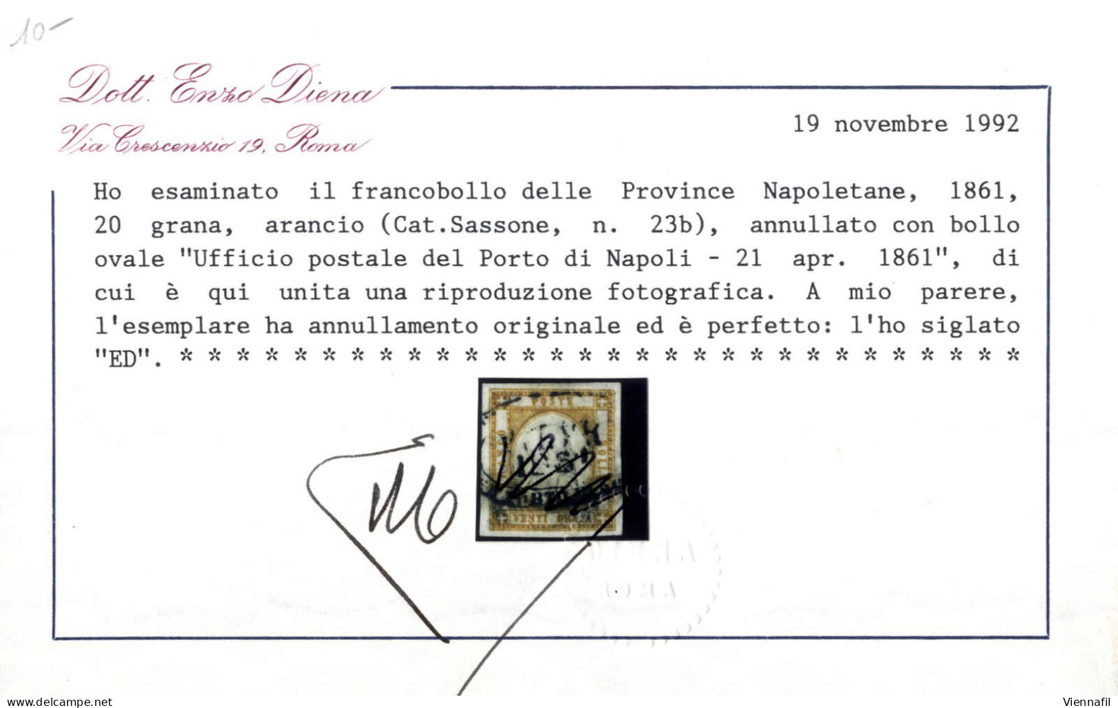 O 1861, Province Napoletane 20 Grana Arancio, Molto Ben Marginato, Annullato Con Il Bollo Ovale "Ufficio Postale Del Por - Napels