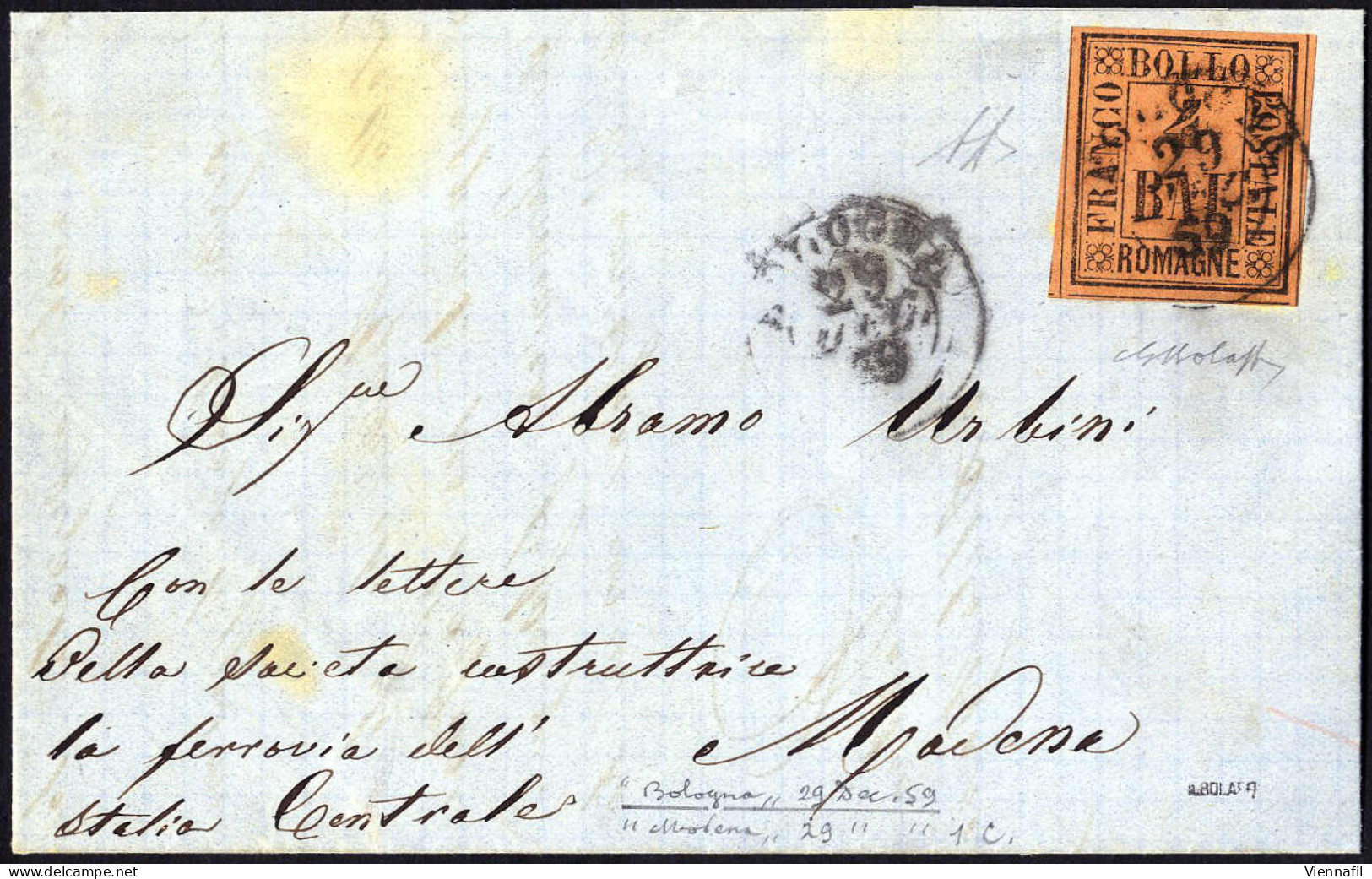 Cover 1859, Lettera Da Bologna Il 29.12 Per Modena Affrancata Con 4 B. Fulvo, Firmata AD, Cert. Bolaffi, Sass. 5 / 1625, - Romagna