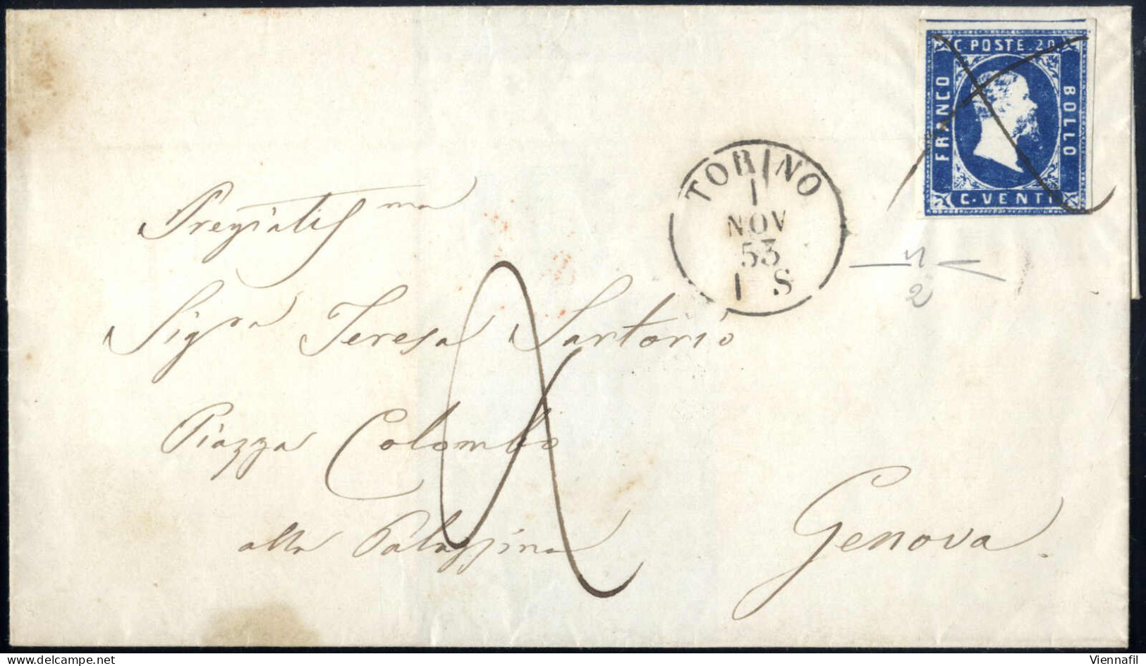 Cover 1853, Lettera Del 1.11.1853 Da Torino A Genova, Affrancata Con I. Em. 20 C. Azzurro, Tre Ampi Margini (a Filo In B - Sardinia