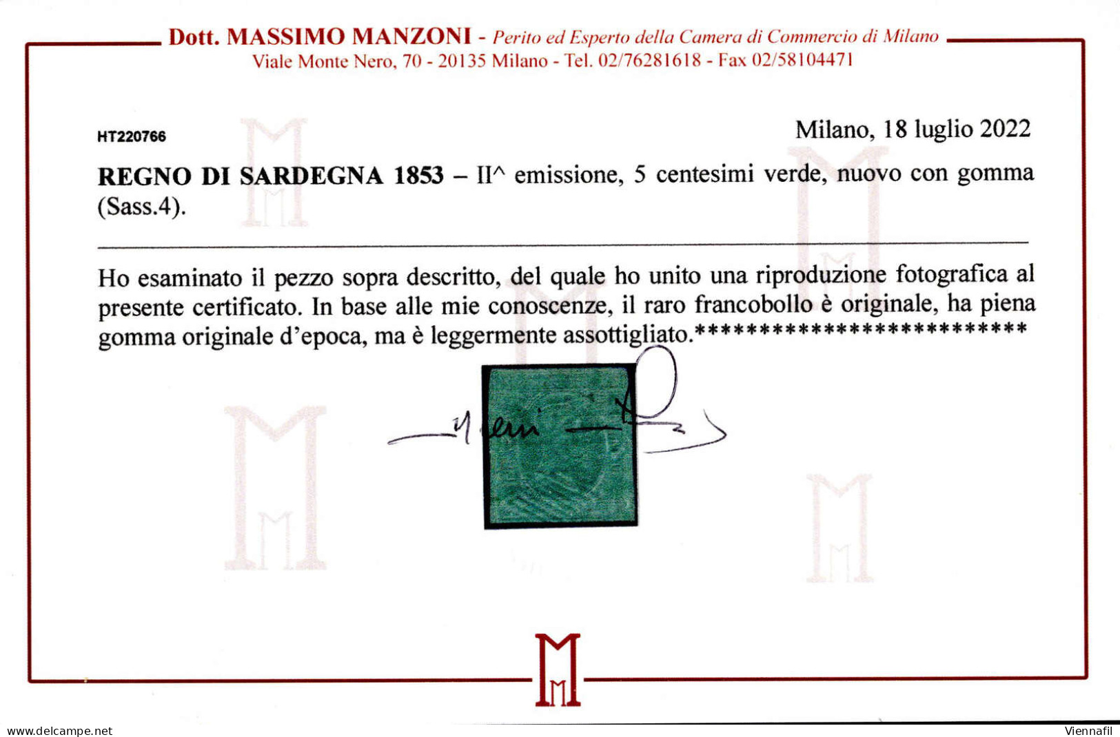 * 1853, II.a Emissione 5 Cent. Verde, Nuovo Con Piena Gomma Originale, Buoni Margini, Ma Leggermente Assottigliato; Fran - Sardaigne