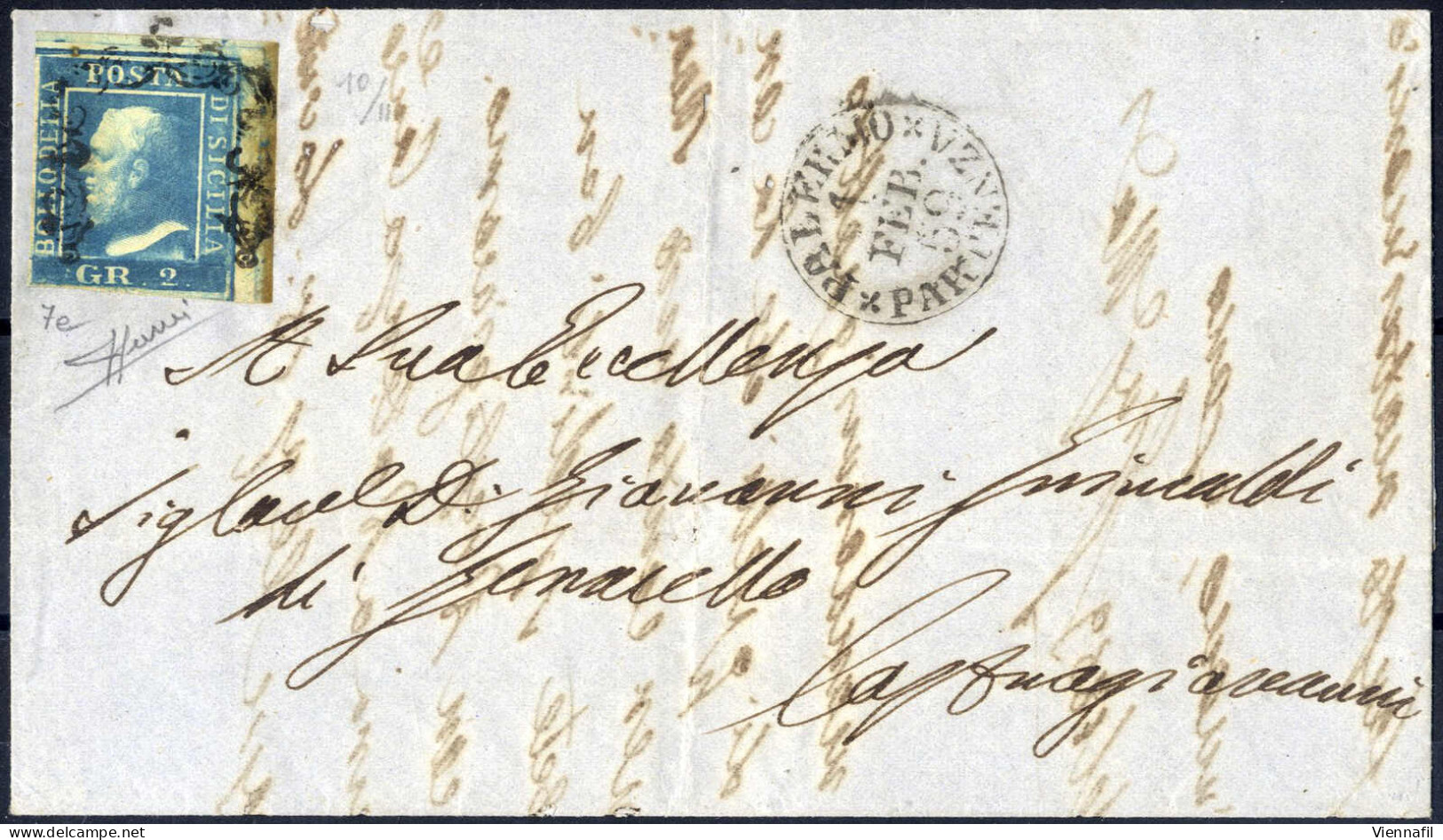 Cover 1859, Lettera Del 1.2.1859 Da Palermo A Castrogiovanni, Affrancata Con 2 Grana Azzurro Smorto, II Tavola, Carta Di - Sicily