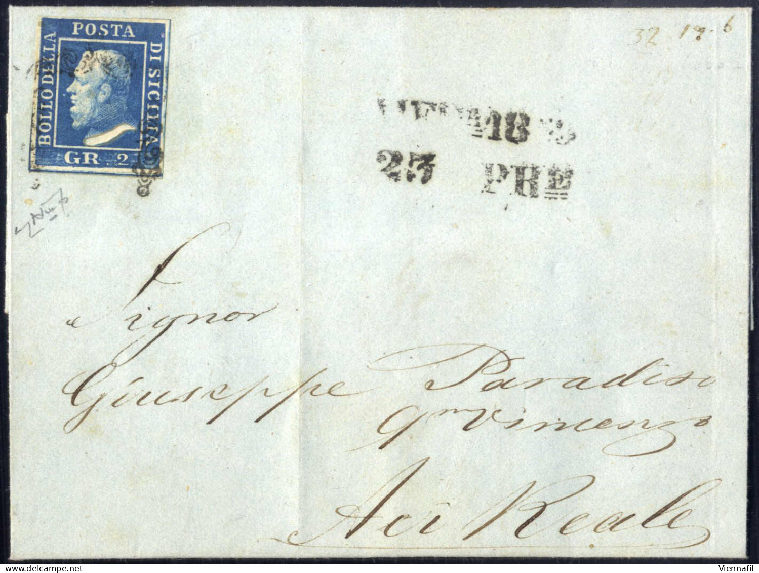 Cover 1859, Lettera Del 23.4.1859 Da Messina Ad Aci Reale, Affrancata Con 2 Grana Azzurro Vivo, II Tavola, Carta Di Napo - Sicily