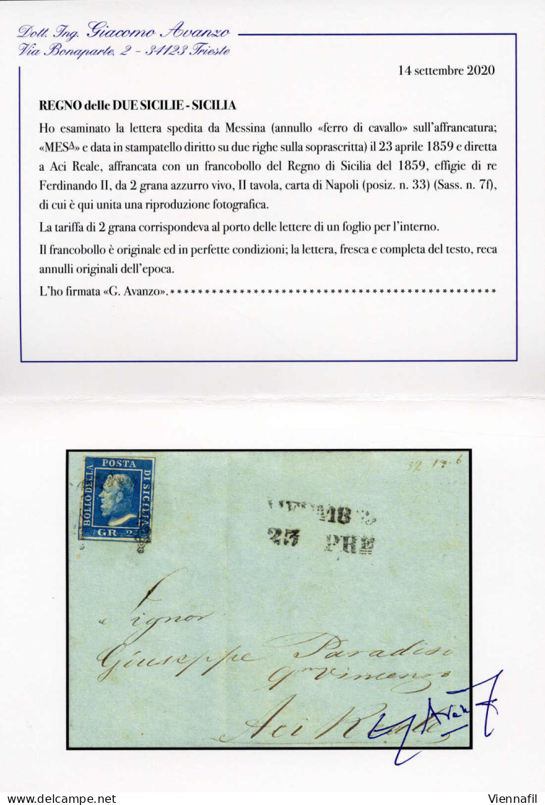 Cover 1859, Lettera Del 23.4.1859 Da Messina Ad Aci Reale, Affrancata Con 2 Grana Azzurro Vivo, II Tavola, Carta Di Napo - Sicily