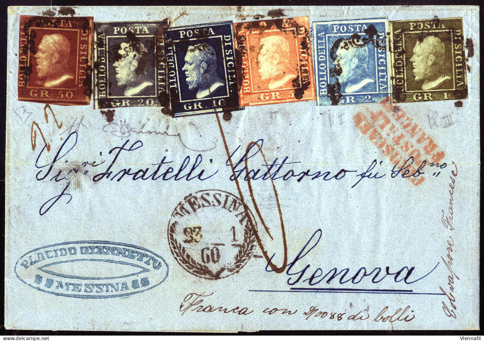 Cover 1860, Spettacolare Busta Seicolore Da Messina 23.1.1860 A Genova Affrancata Per 88 Grana Con Sei Francobolli Di Si - Sicile