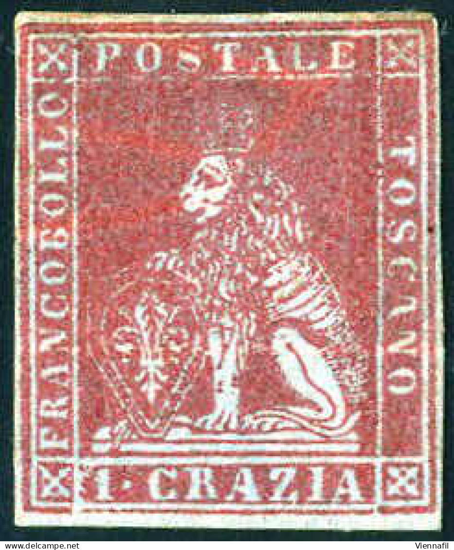 * 1851/52, 1 Cr. Carminio Cupo Su Azzurro, Nuovo Con Piena Gomma Originale, Filigrana 1, Cert. Enzo Diena E Oro Raybaudi - Toskana