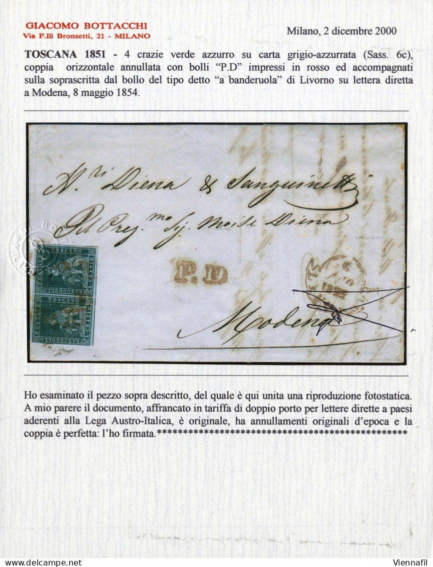 Cover 1854, Lettera Da Livorno Del 8.5 Per Modena Affrancata Con Coppia 4 Cr. Verde Azzurro Su Grigio Azzurrata, Filigra - Toskana