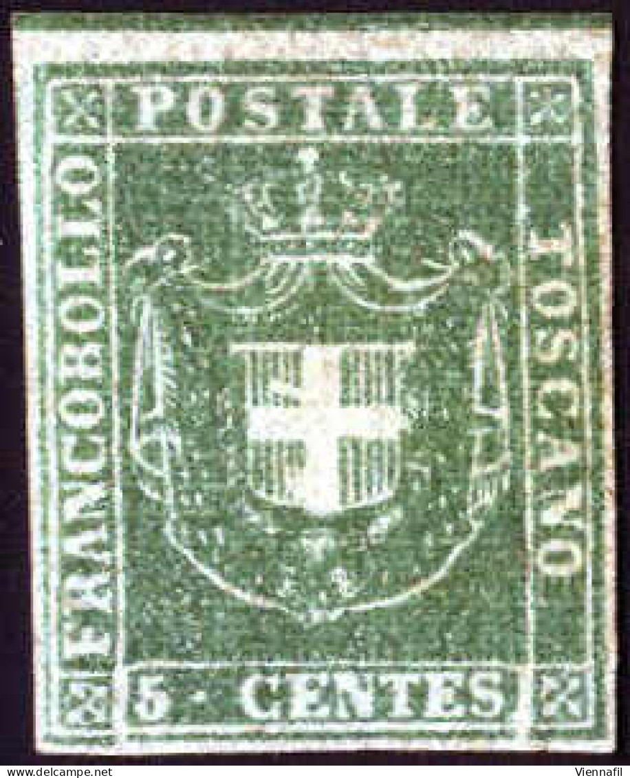 * 1860, Stemma Di Savoia, 5 C. Verde, Nuovo Con Gomma Originale, Cert. Enzo Diena, Linea Di Riquadro Superiore, Sass. 18 - Toscane