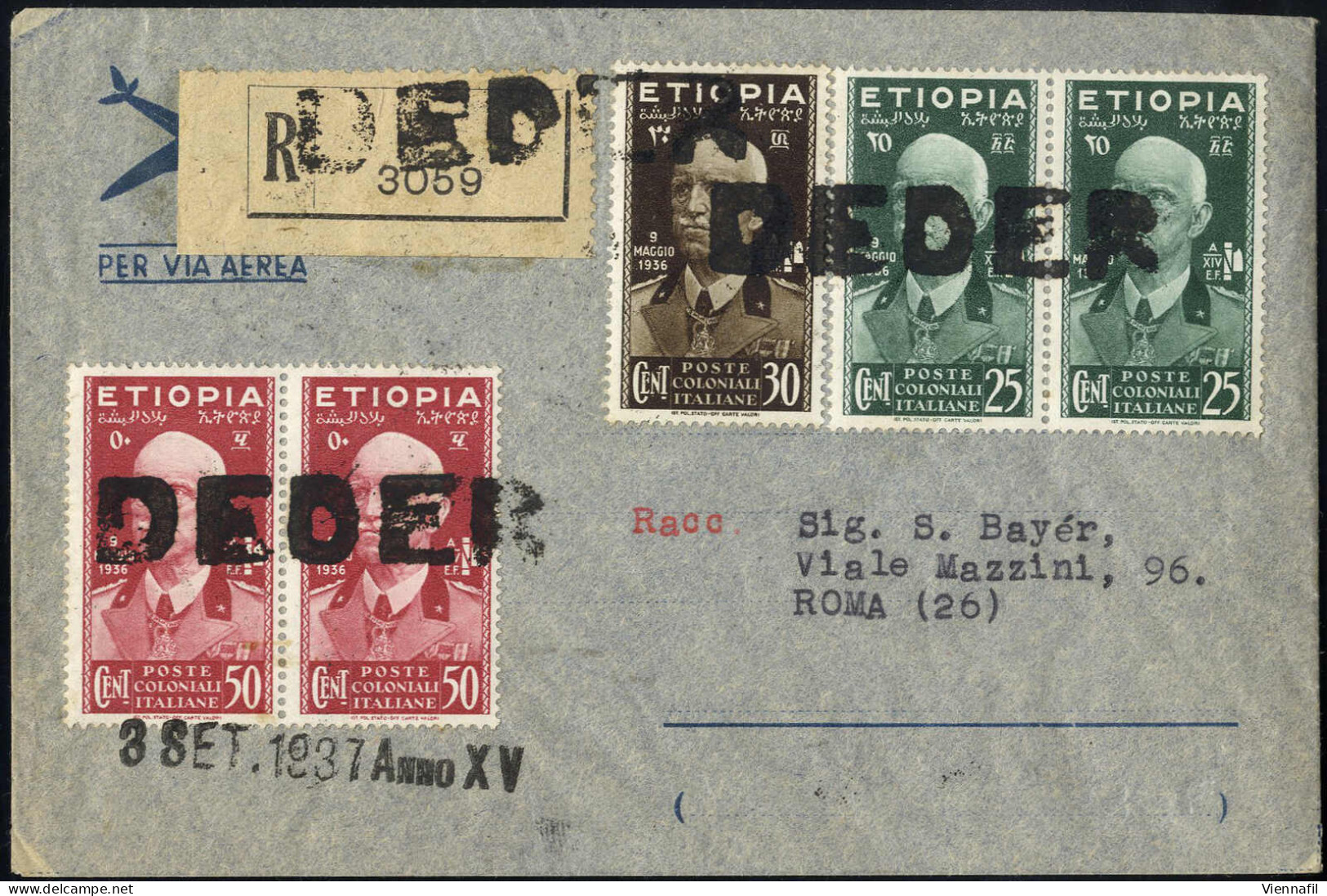 Cover 1937, Raccomandata Di Posta Aerea Del 3.9.1937 Da Deder A Roma, Affrancata In Tariffa Con 25 C. Verde Coppia + 30  - Ethiopie