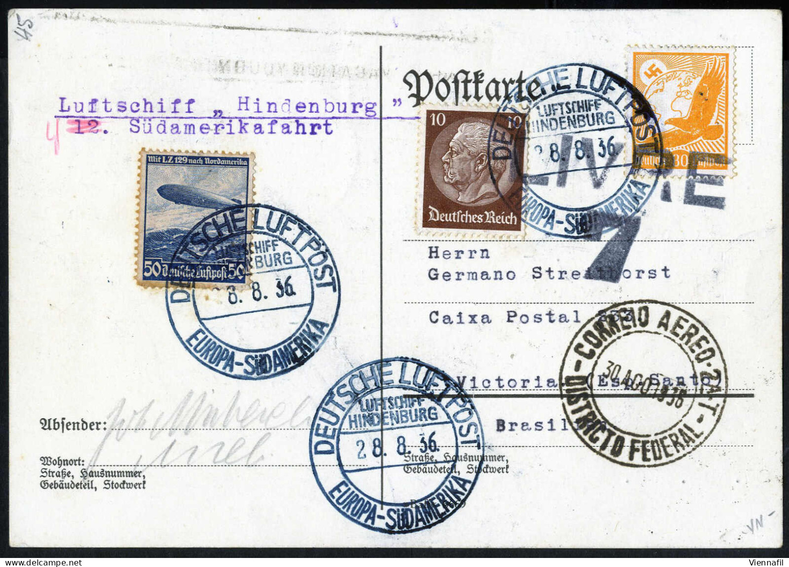 Cover 1936, LZ. 129, (1., 9., 12., 20. Und 20. Südamerikafahrt), 4 Briefe Und 1 Karte Der Olympiafahrt, Drei Nach Bahia, - Autres & Non Classés