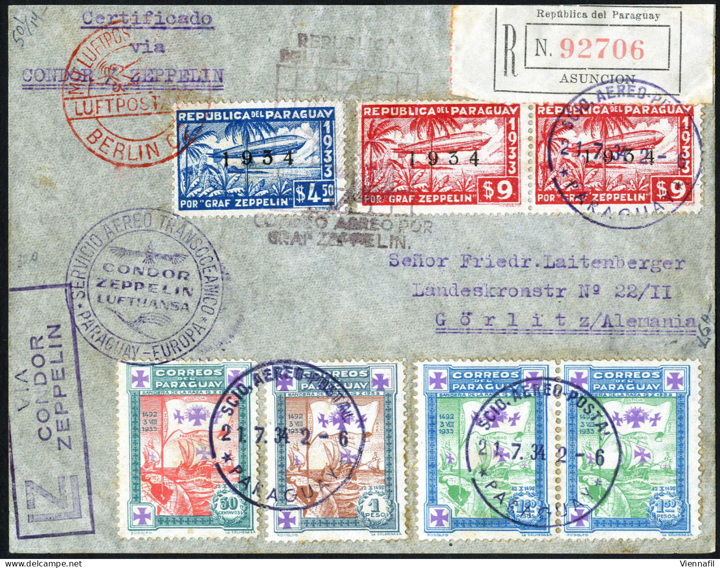 Cover 1934, "4. Südamerikafahrt 1934", Eingeschriebener Brief Von Paraguay Nach Görlitz Frankiert über 27 $., Mi. 384 C - Paraguay
