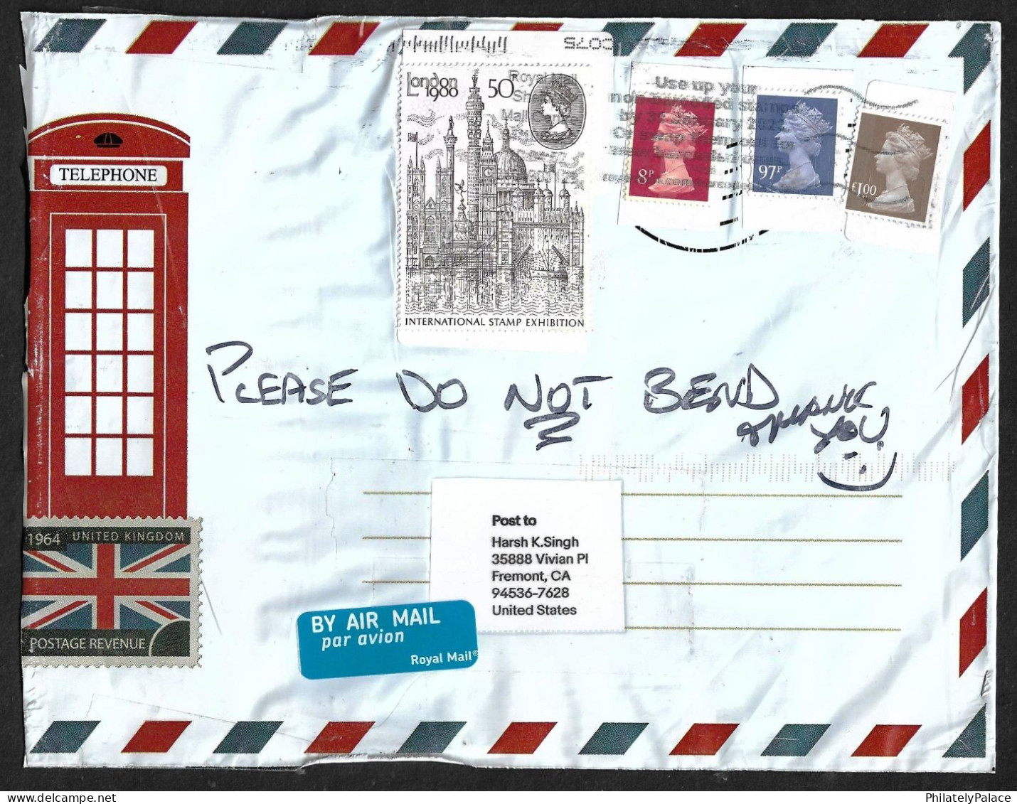 2023 UK To USA, "Last Use Non Barcode" Queen Elizabeth 8p,50p,97p,1.00 £,Map,Telephone Booth,Airmail, Pouch Cover (**) - Sin Clasificación