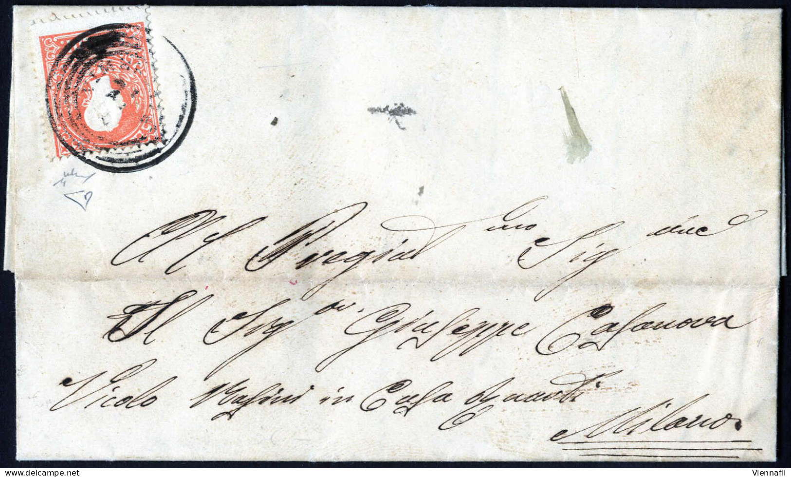 Cover Vimercate, (C4 Punti 7) Lettera Del 25.4.1859 Per Milano Affrancata Con 5 S. Rosso, Firmata ED E Chiavarello, Sass - Lombardo-Vénétie