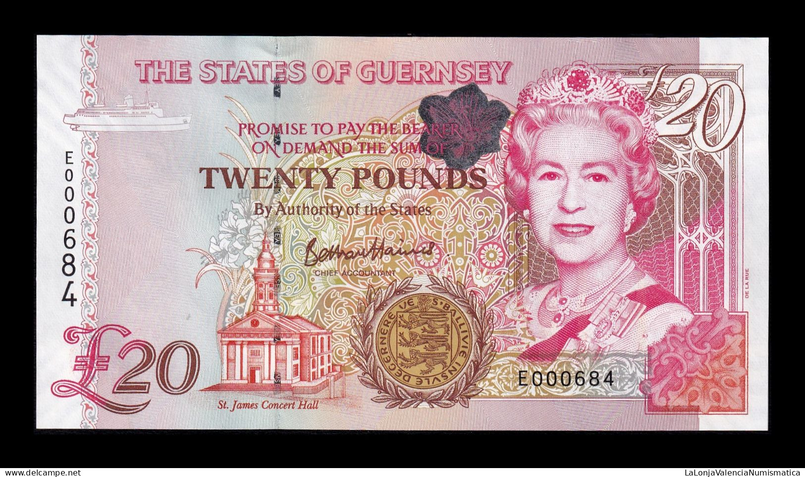 Guernsey 20 Pounds Elizabeth II ND (1996-2023) Pick 58c Low Serial Sc Unc - Guernesey