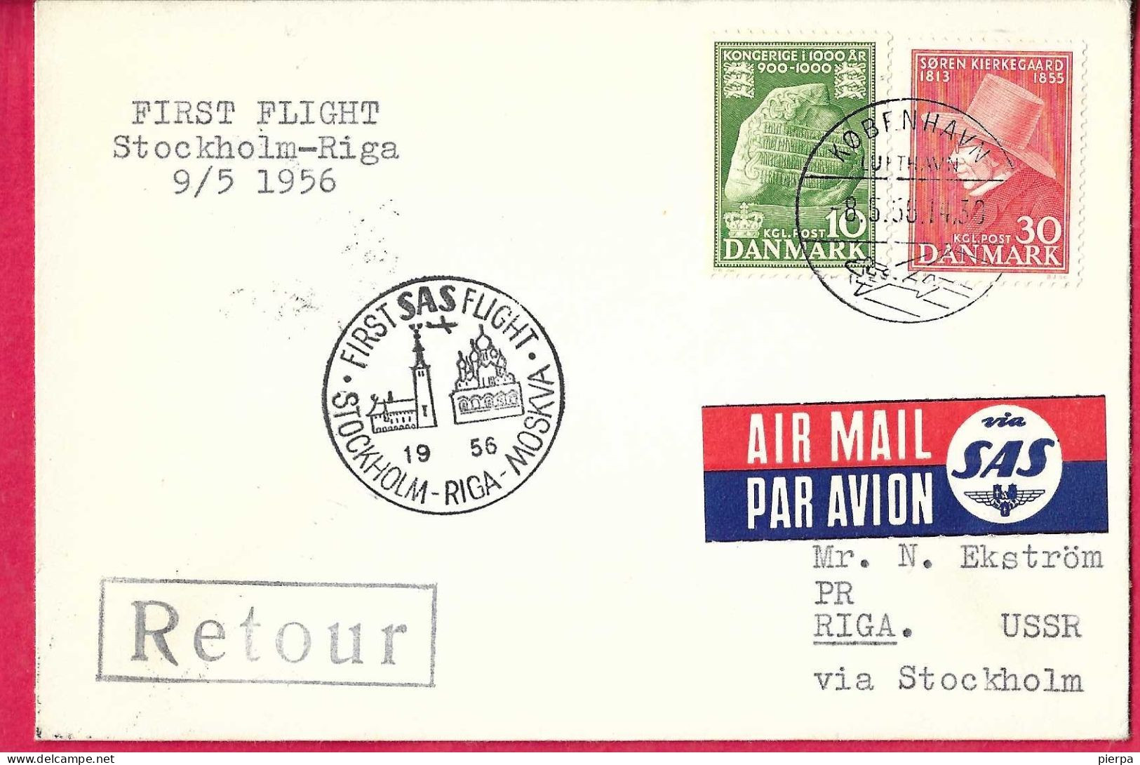 SVERIGE - FIRST FLIGHT SAS  FROM STOCKHOLM TO RIGA/MOSKVA *9.5.1956* ON OFFICIAL COVER FROM DANMARK - Lettres & Documents