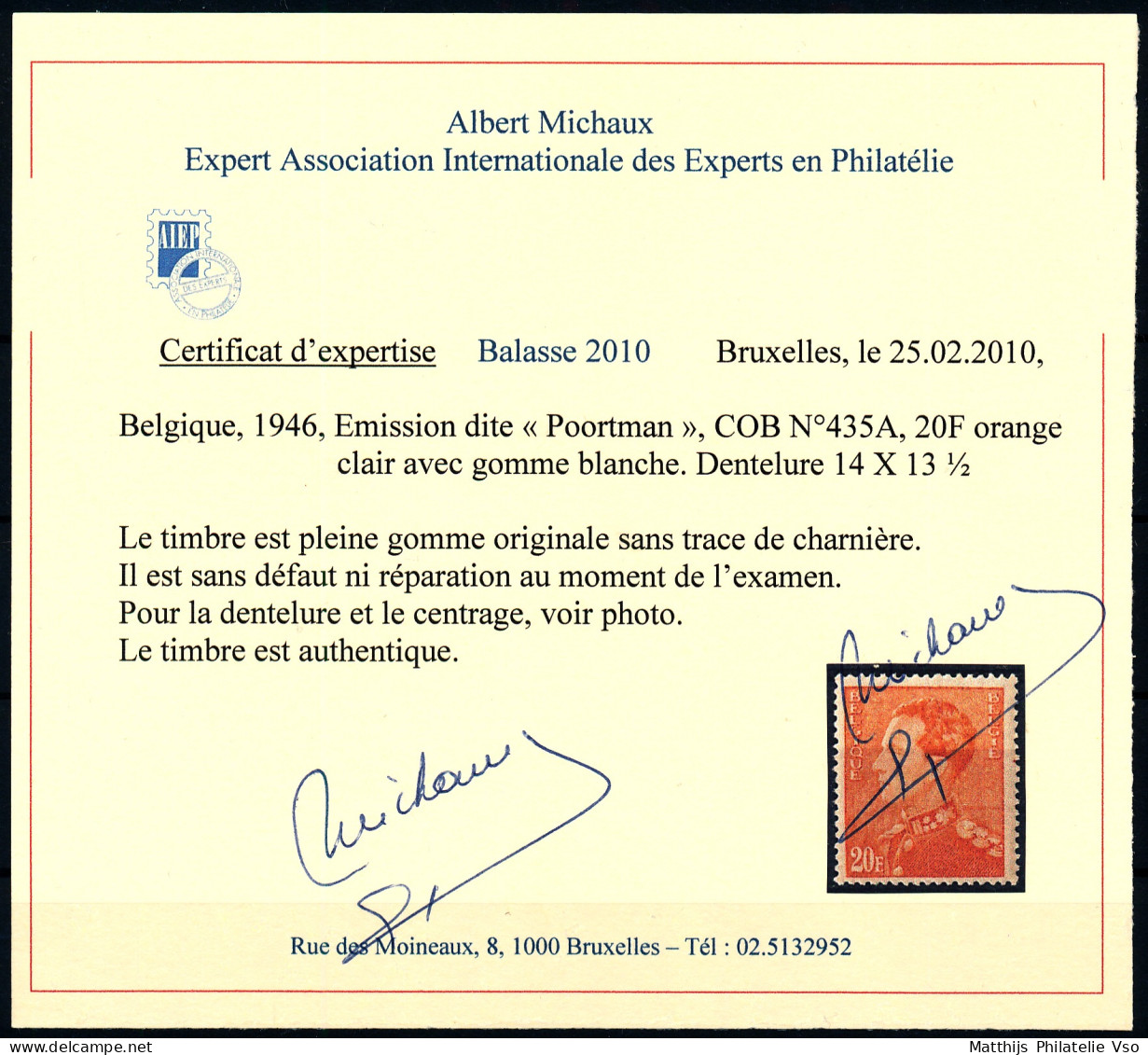 [** SUP] N° 435A, 20F Orange Clair, Fraîcheur Postale - Certificat Photo - Cote: 220€ - 1936-1951 Poortman