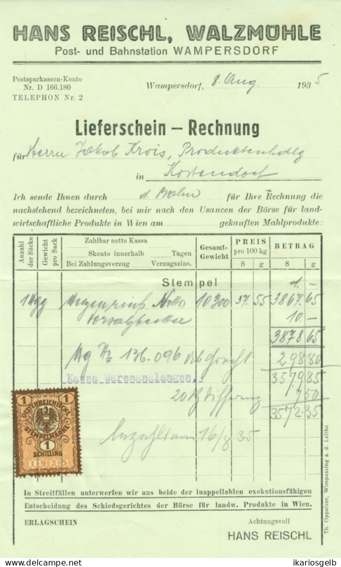 WAMPERSDORF = Pottendorf Baden NÖ Deko Rechnung 1935 " Walzmühle Hans Reischl " + Fiskalmarke Stempelmarke - Oostenrijk