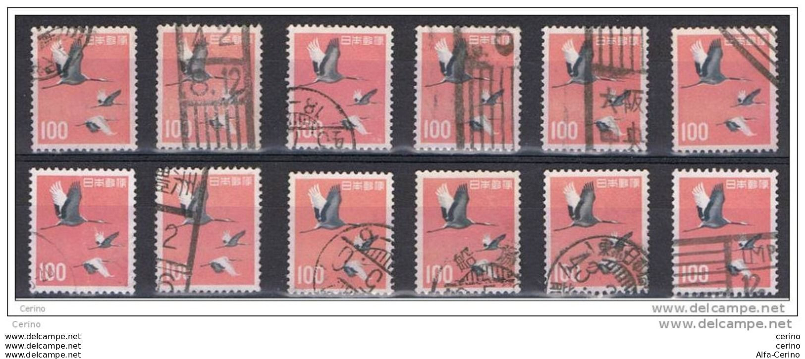 JAPAN:  1962/65  STORKS  -  100 Y. USED  STAMPS  -  REP.  12  EXEMPLARY  -  YV/TELL. 702 A - Gebruikt