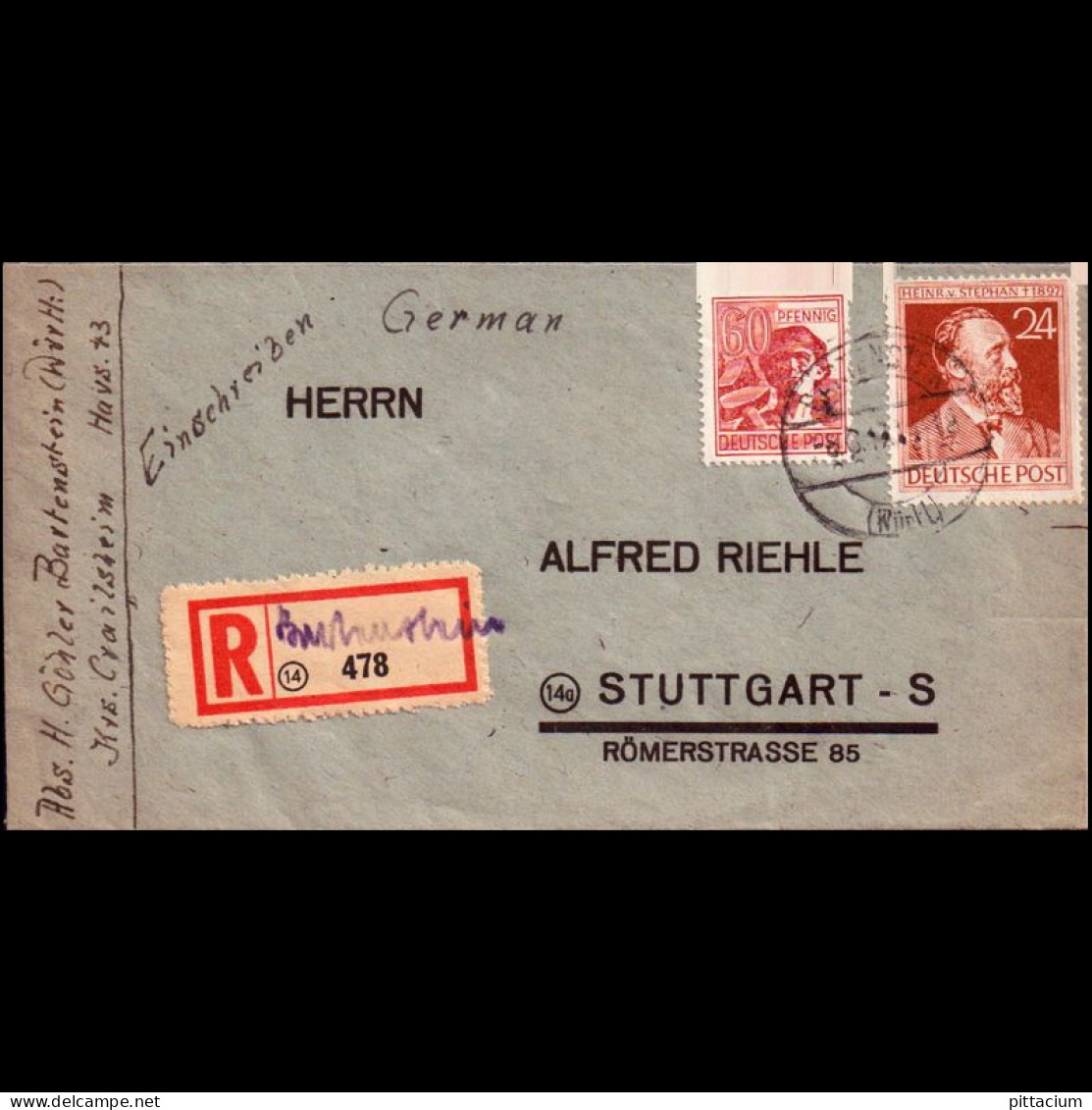 Alliierte Besetzung 1948: Brief, Einschreibebrief Provis. R-Zettel | Portostufen, Oberrand | Bartenstein, Stuttgart - Libya