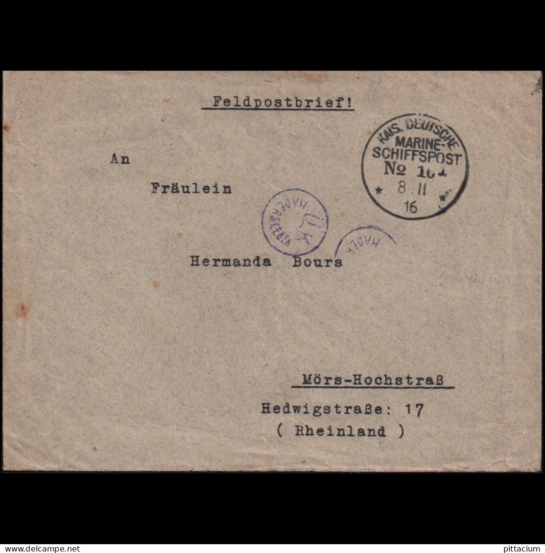 Deutschland 1916: Feldpostbrief / Marineschiffspost | U-Bootfalle, Hilfsschiff, Geleitzug | Feldpost, Mörs - Autres & Non Classés