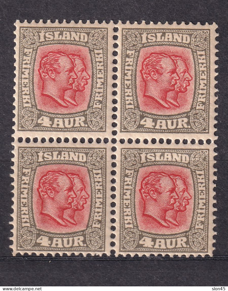 Iceland 1907 Kings 4a Block Of 4 MNH 15558 - Nuovi