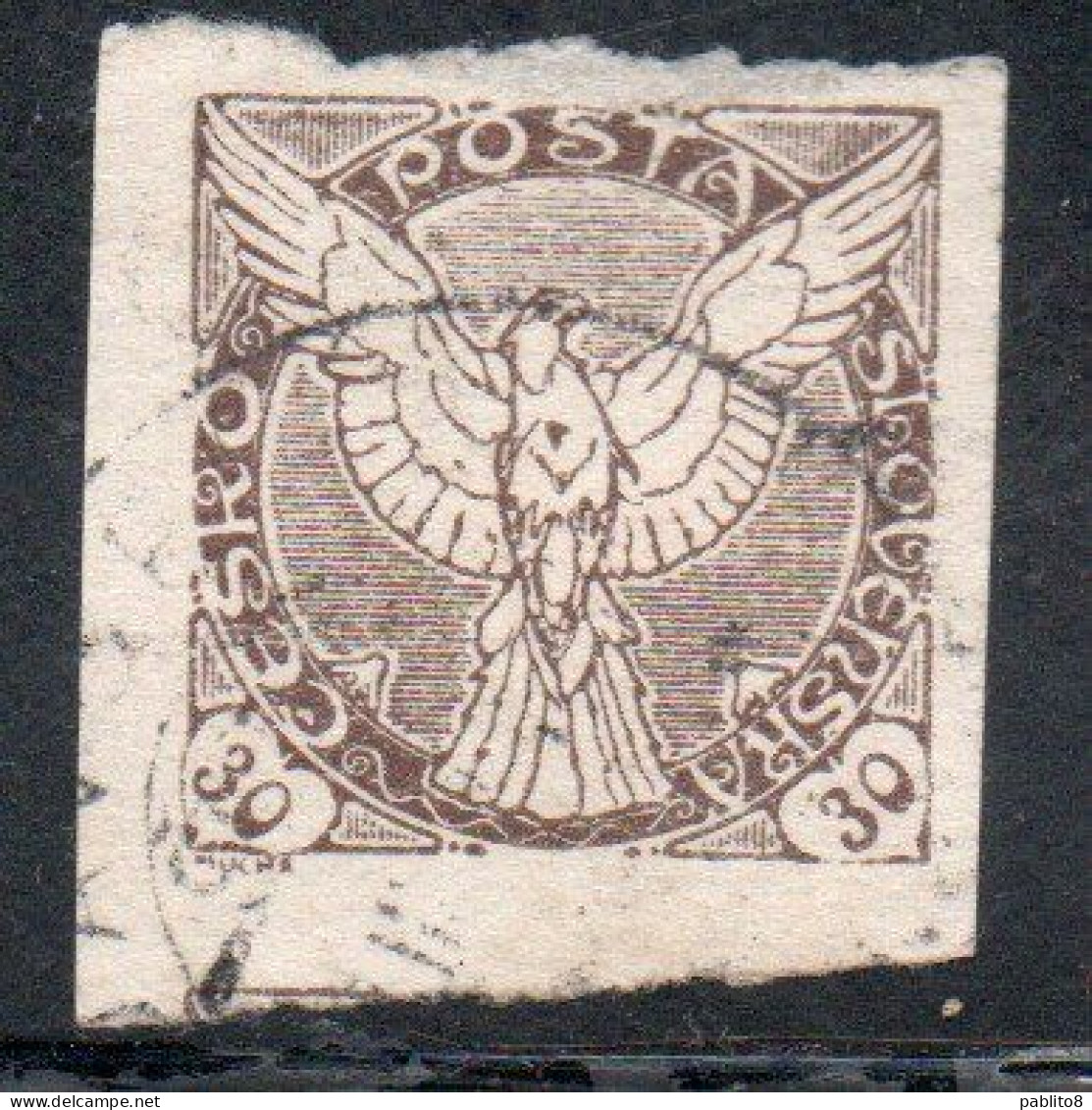 CZECHOSLOVAKIA CESKA CECOSLOVACCHIA 1918 1920 IMPERF. NEWSPAPER STAMPS WINDHOVER 30h USED USATO OBLITERE' - Zeitungsmarken